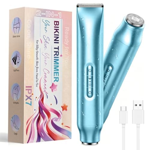 Lady Shavers for Women, 2-in-1 Painless Bikini Trimmer Women & Facial Hair Remover, Wet/Dry Rechargeable Electric Razor with Battery Indicator, Portable for Face, Underarm, Legs & Pubic Hair, Blue