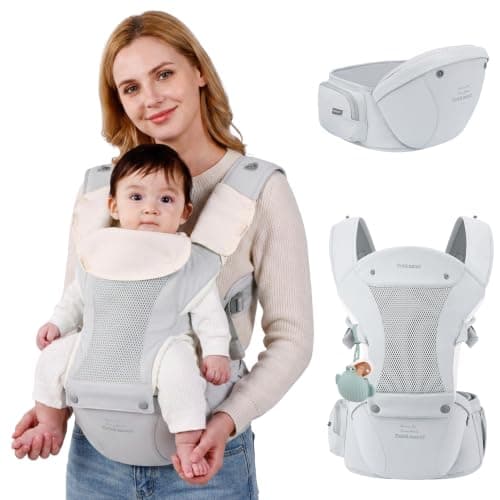 Bebamour Baby Carrier with Hip Seat, 6 Carrying Positions, Newborn to Toddler Baby Carrier 0-36 Months, Adjustable Waist & Padded Shoulder Straps, Head Hood, Pacifier Case & Teething Pads (Grey)