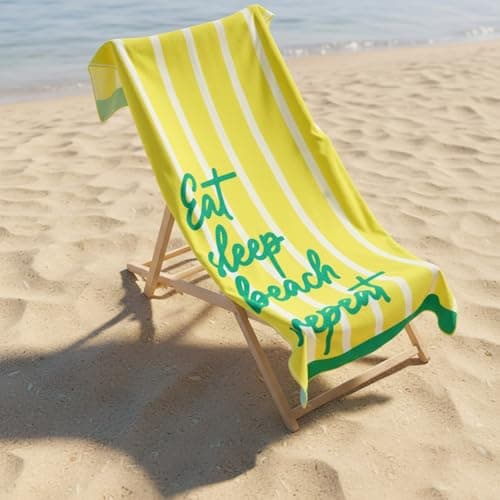 OHS Beach Towel, Eat Sleep Beach Slogan Super Soft Quick Dry Sand Free Microfibre Towel Large Lightweight Compact Travel Summer Essentials Holiday Towels, Yellow - 71 x 152cm