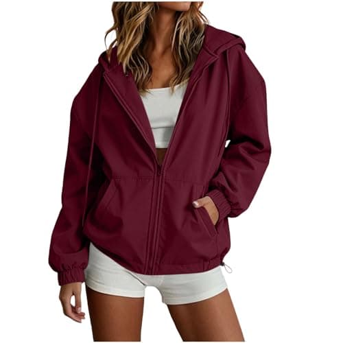 duxyoz Lightweight Hoodies Women Waterproof Running Jacket Lightweight Zip Up Rain Jacket Rain Coats for Women Pac A Mac Raincoat Outdoor Travel Active Jackets for Hiking Running Cycling Walking Wine