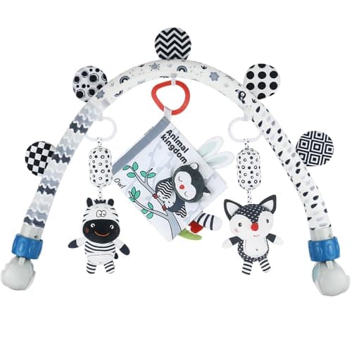 Baby cot Play Activity Arch, Black and White Travel Mobile Bouncer Toy Bar, Stroller and cot Attachment with Hanging Toys (Animal)