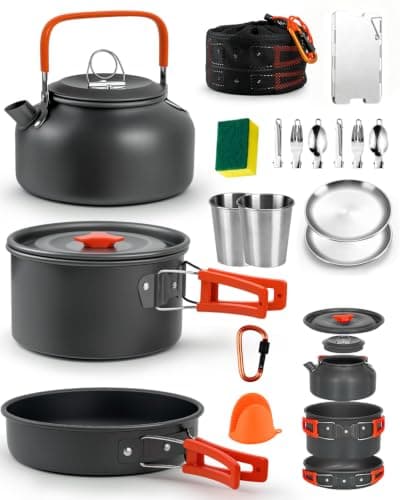 17-Piece Camping Cooking Set for 2–3 People, Aluminium Camping Pots and Pans with Kettle, Plates, Cups & Windshield, Lightweight Camping Cookware and Camping Cooking Equipment for Outdoor Use