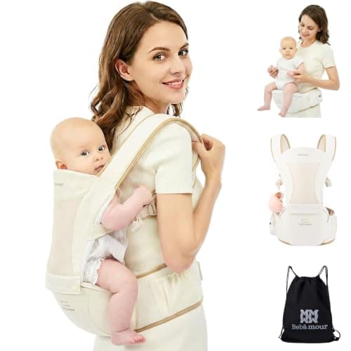 Bebamour Baby Carrier with Hip Seat, 6 Carrying Positions, Newborn to Toddler Baby Carrier 0-36 Months, Adjustable Waist & Padded Shoulder Straps, Head Hood, Pacifier Case & Teething Pads (Beige)