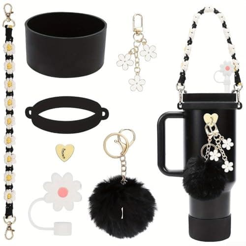 Silicone Cup Chain Accessories 7PCS for 30oz and 40oz Hydration Bottles with Hand Strap and Wool Ball Pendant for Secure Handling (black)