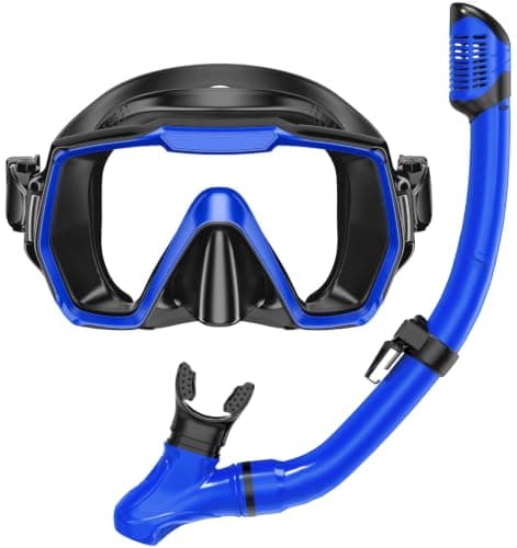 Honlanor Snorkel Set Adults Snorkeling Gear Anti-Leak and Anti-Fog Tempered Glass Lens Panoramic View Swim Mask Dry Top Snorkel Kit for Snorkeling Scuba Diving Swimming Travel
