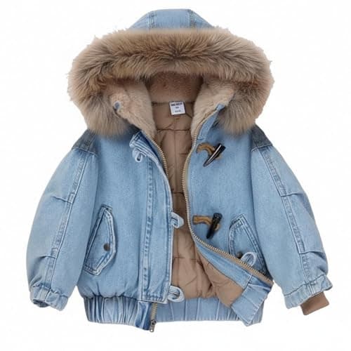 Boys Girls Fleece Lined Denim Jacket Zip Up Toggle Button Faux Fur Hooded Jean Coat Fashion Pleated Winter Warm Windproof Top Outdoor Travel Back to School Thermal Coat (Blue, 7-8 Years)