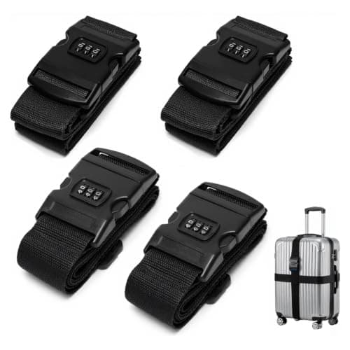 4Pcs Heavy Duty Luggage Straps with Lock - 2 Colours Adjustable Suitcase Straps for Travel Cases, Personalised Luggage Strap for Easy Identification (Black)