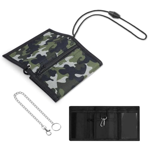 Aucuu Kids Wallet, Cartoon Waterproof Wallet, Trifold Wallets with Coin Pocket Zippered, with Card Slots Lanyard, with Chain, Travel Document Wallets for Teenagers Boys Girls(Camouflage)