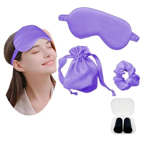 JK Home Plain Satin Sleep Eye Mask Set with Scrunchie Earplugs Storage Bag