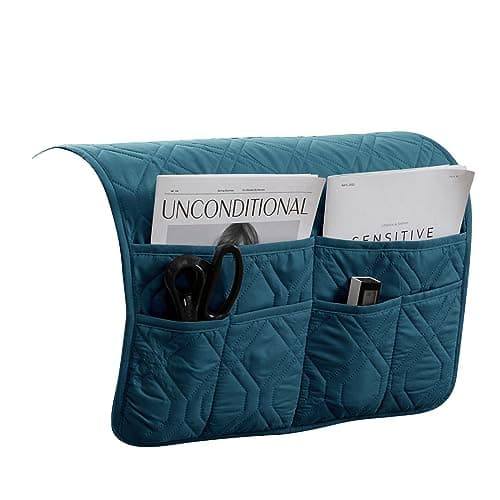 XDKS Sofa Armrest Organizer Caddy Anti-Slip Armchair Storage Bag Remote Control Holder for Recliner Couch with Pockets for Cellphone Magazines Glasses Space Saver Bag (Teal)