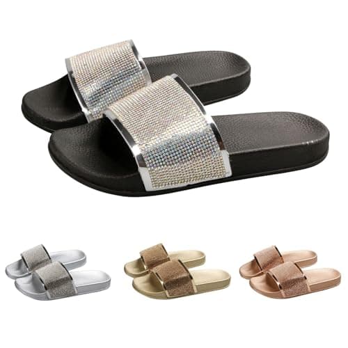 Diamond Sliders Women Sequin Sliders Women Sparkly Slip On Slides Ladies Diamante Slides Summer Glitter Slippers Comfortable Party Sandals With Backless Open Mule Slider Flat Beach Slippers