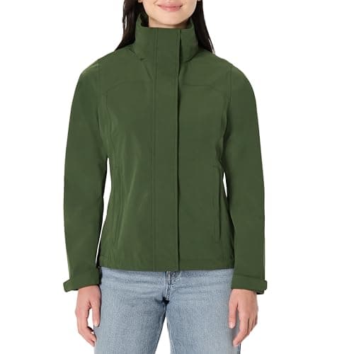Amazon Essentials Women's Relaxed-Fit Packable Lightweight Waterproof Hooded Rain Jacket, Dark Green, L