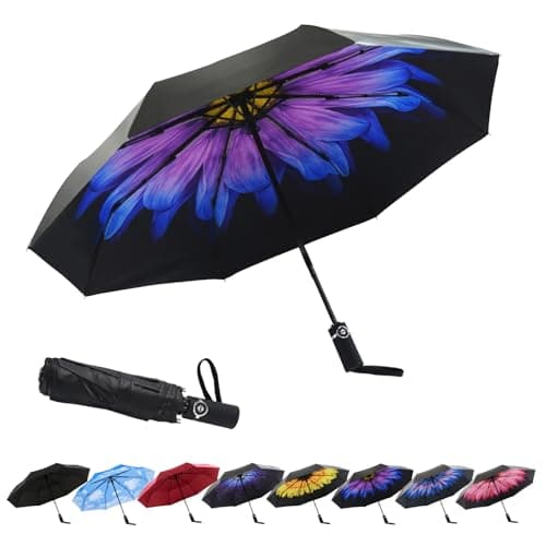 SY COMPACT Automatic Windproof Umbrellas Travel Strong Umbrella for Rain and Sun Protection Small Umbrella UV Blocking for Women and Men (Purple Flower)