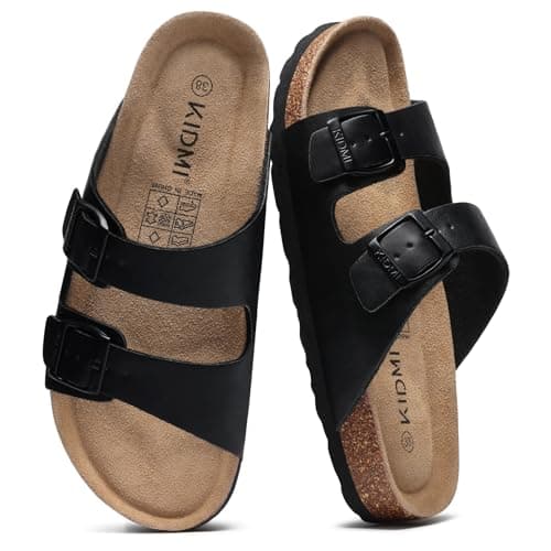 KIDMI Women Sandals Arch Support Cork Footbed Slide,Black Oily 5