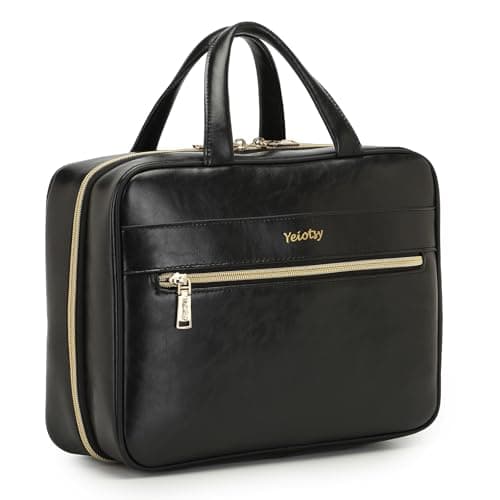 Yeiotsy Hanging Travel Toiletry Bag - Waterproof Vegan Leather Organizer with Wet-Dry Compartments, Foldable Design for Camping, Gym, Shower & Business Trip (Black, Large)