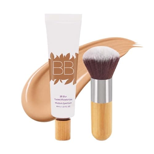 BB Blur Tinted Moisturiser with Brush for Soft-Focus Matte Finish & Dewy Glow - Lightweight Hydrating BB Cream Medium Spectrum, Full Coverage, Evens Skin Tone, Minimises Pores, Natural (1PCS)