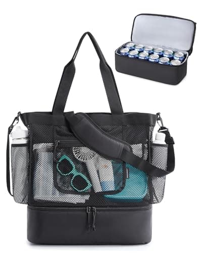 bagsmart Women Beach Bag with Cooler, 40L Mesh Tote Bag Sandproof Foldable Vacation Essential for Pool Travel Swimming Holiday