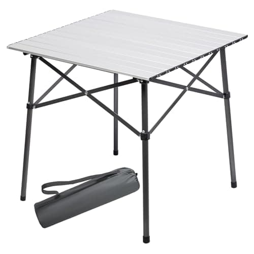 Portal Aluminium Folding Camping Table Square Roll Up Top 4 Person Compact Garden Table with Carry Bag for Picnic Camp Backyard BBQ, Silver