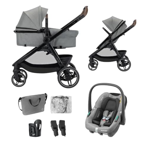 Maxi Cosi Zelia Select Trio, Baby Stroller 3 in 1 with Car Seat, 0-4 Years (0-22 kg), One-Hand Fold, Compact and Reversible Pushchair Travel System, with CabrioFix S i-Size Baby Car Seat, Grey