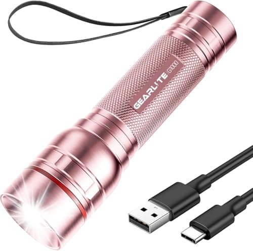 GEARLITE Rechargeable LED Torch, 2000LM Torches LED Super Bright with 3 Modes, Portable Small Torch with Battery, Waterproof Flashlight Zoomable for Power Cut, Emergency, Camping, Hiking, Outdoo- Pink