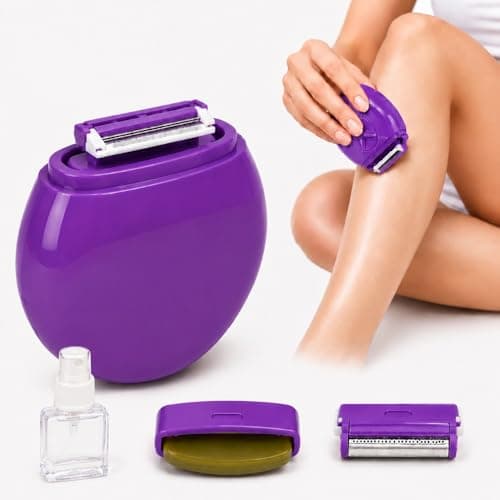 Women’s Compact Travel Razor, Triple Blade with Lubrication Bar, Replaceable Cartridge & Refillable Spray Bottle for Sensitive Skin (Purple)