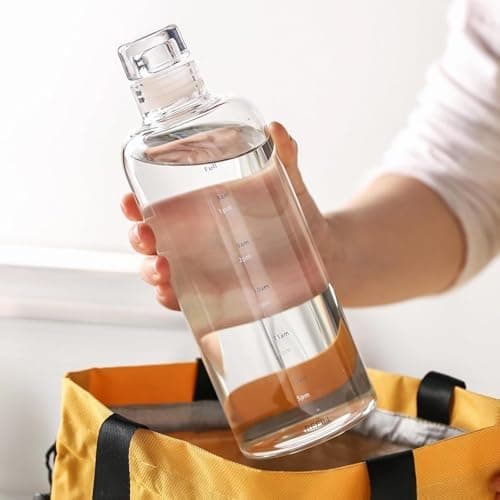 1 Litre Glass Water Bottle with Glass Lid | Large-capacity 34oz Desk Bottle With Time Markings | BPA Free Drinkware 1000 ml