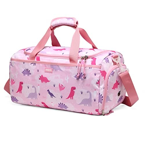 Overnight Bag for Kids, VASCHY Large Capacity Travel Duffle Bag for Girls Lightweight Holdall Bag Weekender Bag with Shoes and Seperated Dry Wet Compartment for School, Dance, Sport(Pink Dinosaur)