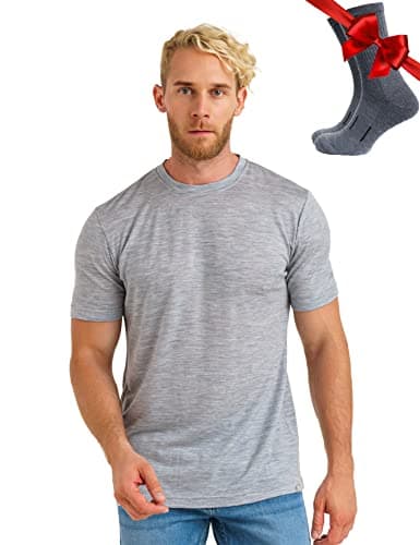 100% Merino Wool T Shirt Mens - Merino Wool Base Layer Men + Hiking Socks (Medium, Melange Grey)