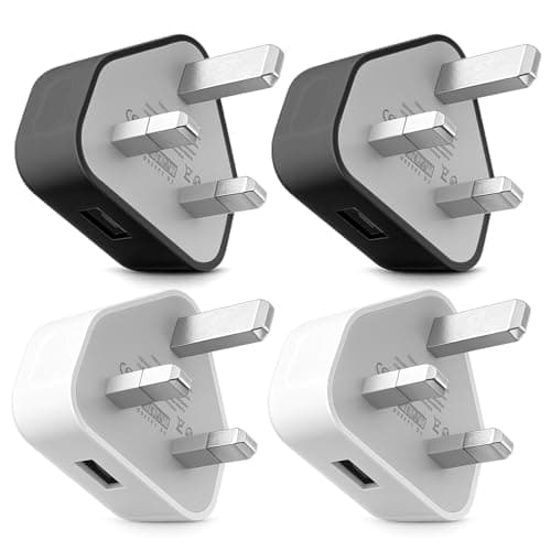 USB Charger Plug UK 4 Pack (2 Black + 2 White), 5V 1A USB Wall Plug Adaptor with 3-Pin UK Mains Adapter, Fast Safe Charging Compatible with iPhone 14/13/12/11/XR/XS/SE/8 for iPad Huawei Pixel Samsung
