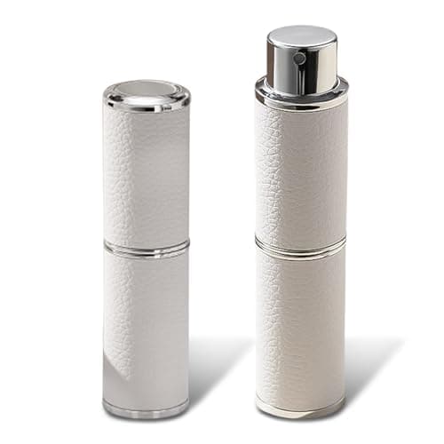 VOYANTE Perfume Atomiser Refillable, 8ml Leather Refillable Perfume Bottle in Pocket & Handbag, Rotary Press Portable Dispenser Bottle, Mini Fragrance Atomiser for Travel, Vacation, White