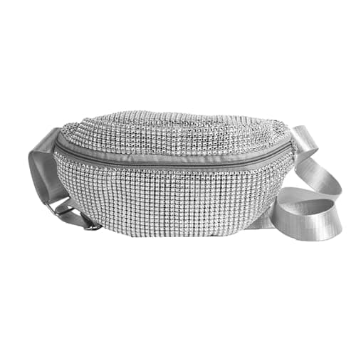 Women's Bum Bag, Large Capacity Fanny Pack Rhinestone Chest Bag Fashionable Crossbody Waist Bag with Adjustable Belt for Ladies Girls Shopping Travel Party (Silver)