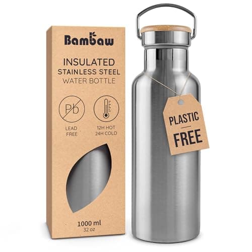Bambaw Insulated Stainless Steel Water Bottle 1l for Hot & Cold Drinks, 1ltr Insulated Water Bottle Metal, Wide Mouth Fits Tea Infuser, Lightweight & Easy to Carry for School or Gym (Natural Steel)
