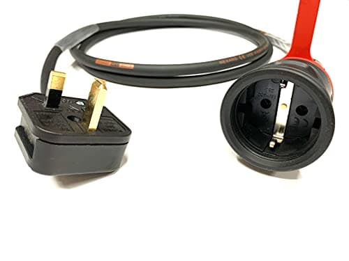 13Amp UK Plug to European Schuko 240Volt 2 Pin IP44 Socket Adaptor - PCE Black/Red - Heavy Duty H07RN-F Rubber Extension Cable - EU Adapter Converter Fly Lead (2 Metre)