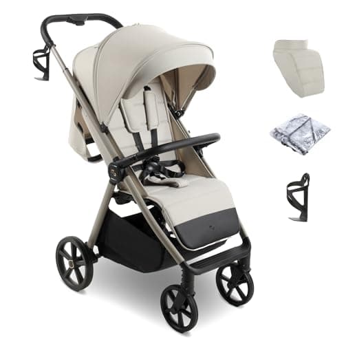 My Babiie MB170 Plus Pushchair – from Birth to 4 Years (22kg), 4-Wheel Suspension, Large Basket, XL Canopy, Foldable, Compact, Stroller with Footmuff, Cup Holder, Rain Cover – Ivory