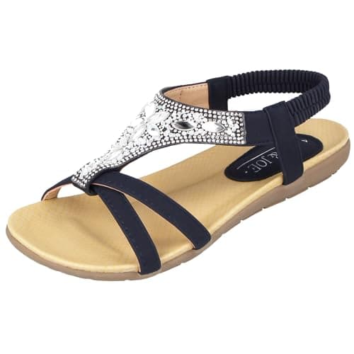 Jo & Joe Ladies Faux Leather Peep Open Toe Sling Back T-Bar Dimante Flat Flip Flop Sandals Size 3-8 (UK 5, Navy)