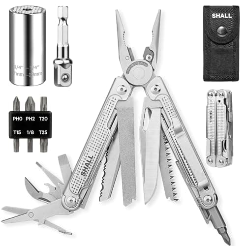 SHALL Multi Tool, 18-in-1 Multitool Pliers, Screwdriver Bit & Universal Socket, Self-Locking Multipurpose Tool w/Sheath for Camping Fishing Survival Hunting