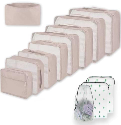 12 PCS Large Packing Cubes for Suitcases Various Sizes Suitcase Organiser Bags Lightweight Waterproof Luggage Organiser Bags (12, Beige)