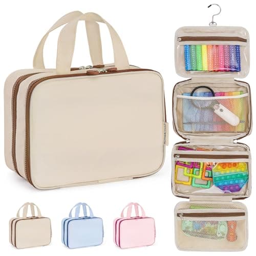 Kids Travel Organizer – Multi-Compartment, Water-Resistant Hanging Bag for Toys, Snacks, & Activities - Compact, Lightweight Design with Hook & Carry Handle - Perfect for Travel Use (Beige, Small)