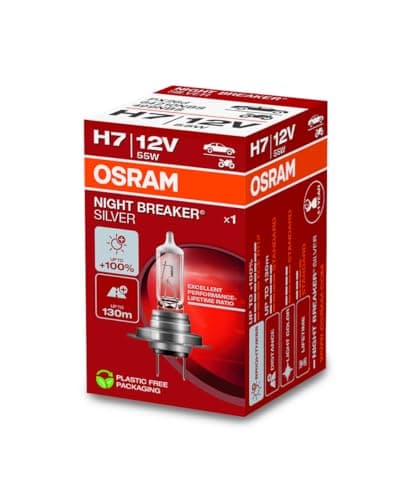 OSRAM NIGHT BREAKER SILVER H7, +100% more brightness, halogen headlamp, 64210NBS, 12V, passenger car, folding box (1 lamp)