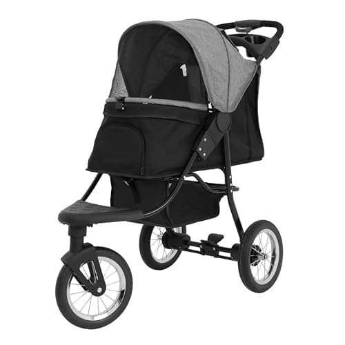 Foldable Pet Jogger Grey Travel Stroller Small Medium Dog Cat Pushchair 22kg Capacity Pram Buggy Carrier 3 Tubeless Wheels Brakes Leashes Canopy Mesh Windows Basket Cup Holders Caddy Bag Rain Cover