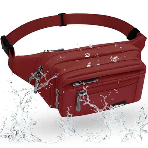 REETEE Waterproof bumbags for Ladies Men Fashion Bum Bag with Adjustable Belt and 5 Zipper Pockets Large Capacity Fanny Pack Waist Bag for Outdoors, Sport, Hiking, Travel (A-Deep red)