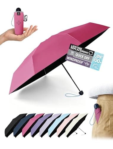 LILAC Compact Travel Umbrella for Purse, Mini Folding Pocket Parasol with Windproof Absorbent Sleeve, UPF 100+ UV Sun Protection, 30% Thickened Alloy Steel Shaft, Double Fiberglass Reinforced