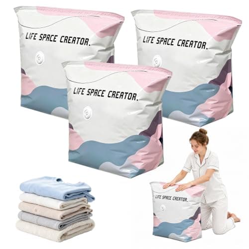 Vacuum Storage Bags, Large Capacity 3D Compression Bags for Clothes Duvet Bedding Blankets Comforters Pillows Travel & Home, No Pump Press & Seal Space Saver, Reusable Heavy Duty (3PACK, 70×50×30cm)