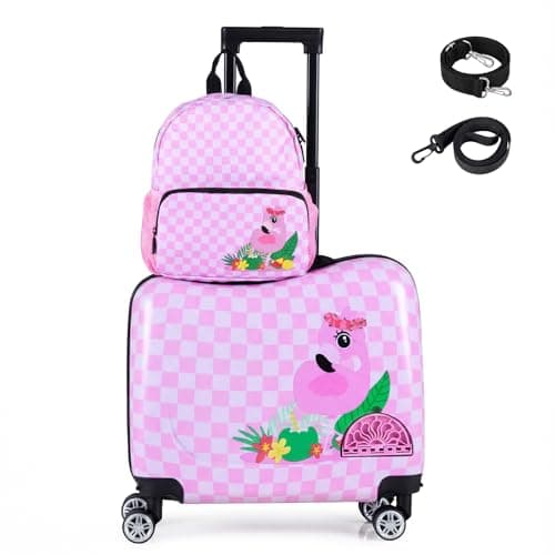 COSTWAY 2PCS Kids Luggage Set, Children Backpack and Ride-on Suitcase with Footrest, Anti-Lose Rope, Travel School Trolley Hardshell Case for Boys Girls (Flamingo, 28cm Backpack + 33cm Suitcase)