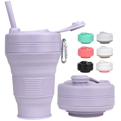 MOMAHUA 600ml/20oz Collapsible Coffee Cup with Lids,Purple Silicone Portable Large Capacity Water Cups,Reusable Coffee Mug,Foldable Camping Travel Cup Fits in Your Pocket,Folding Mug Collapses to 6cm