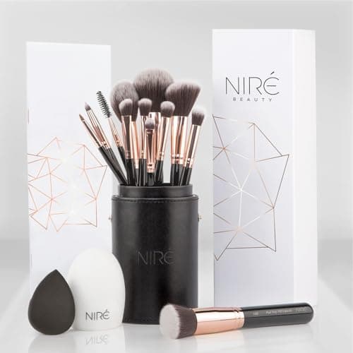Niré Beauty Professional Makeup Brush Set, Vegan, 15pc, Black Rose Gold