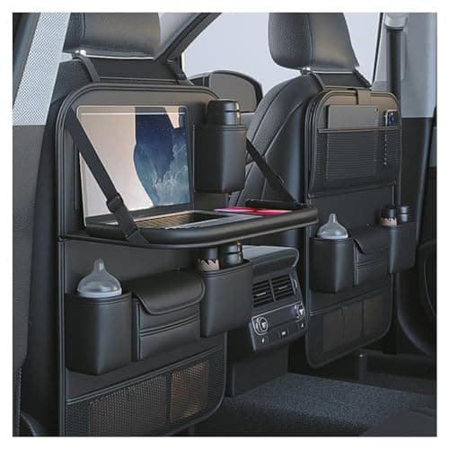 Primst 2 Pack Leather Car Backseat Organizer with Foldable Table Tray, Car Seat Back Protectors Kick Mats, Foldable Car Seat Organizer with Tablet Holder