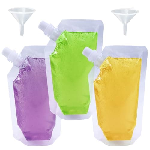 Yelinosk 20pcs Clear Drink Pouches 250ml with caps and 2 Funnels for Festivals,Leak Proof Alcohol Juice Liquid Pouches Bags, Beverage Bags, Plastic Hip Flask for Parties, Picnic, Travel, Sports