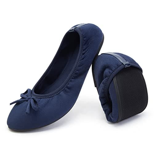 Greatonu Women's Ballet Pumps Comfort Foldable Portable Travel Slip on Slipper Bow Tie Flats Shoes Navy 5 UK