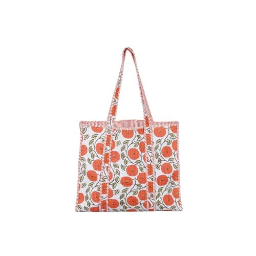 scorpionbliss Indian Cotton Quilted Tote Bag Women shoulder Bag Carry, shopping Beach Bag Summer Holiday Essentials Shopping Travel Bag with Pockets Handbags for Women (Orange-Flower)